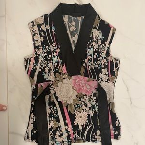 Fitted Top with Satin Belt and Plunge Neckline